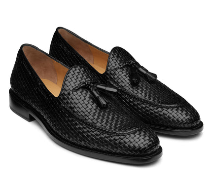 Men´s black braided leather tassel welted loafers