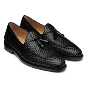 Men´s black braided leather tassel welted loafers