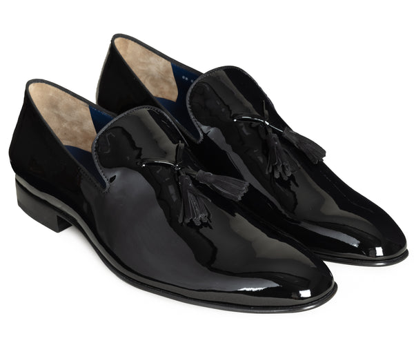 Black patent glossy leather tuxedo polished finish. Mens Black Patent Leather Derby Dress Shoes - Tuxedo main image 4