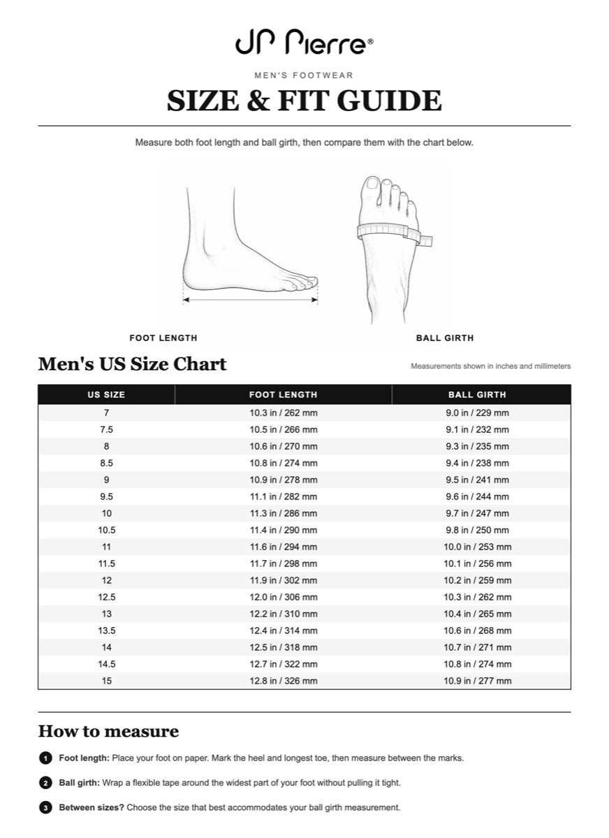 JP Pierre men's US size and fit guide with foot length and ball girth measurements