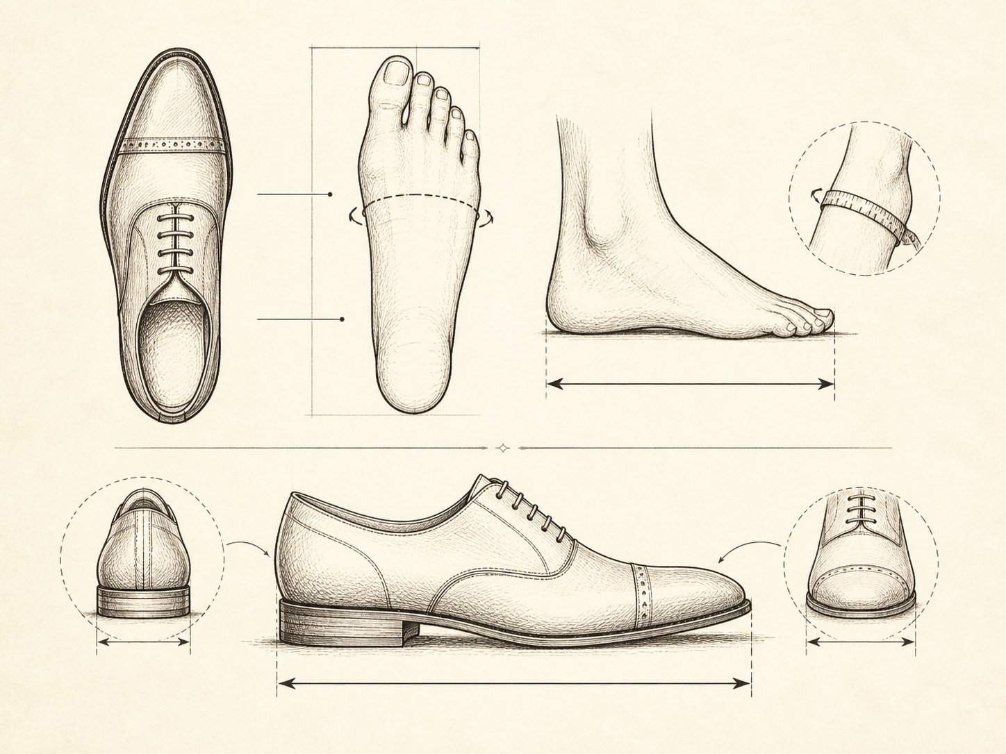 JP Pierre men's US size and fit guide with foot length and ball girth measurements