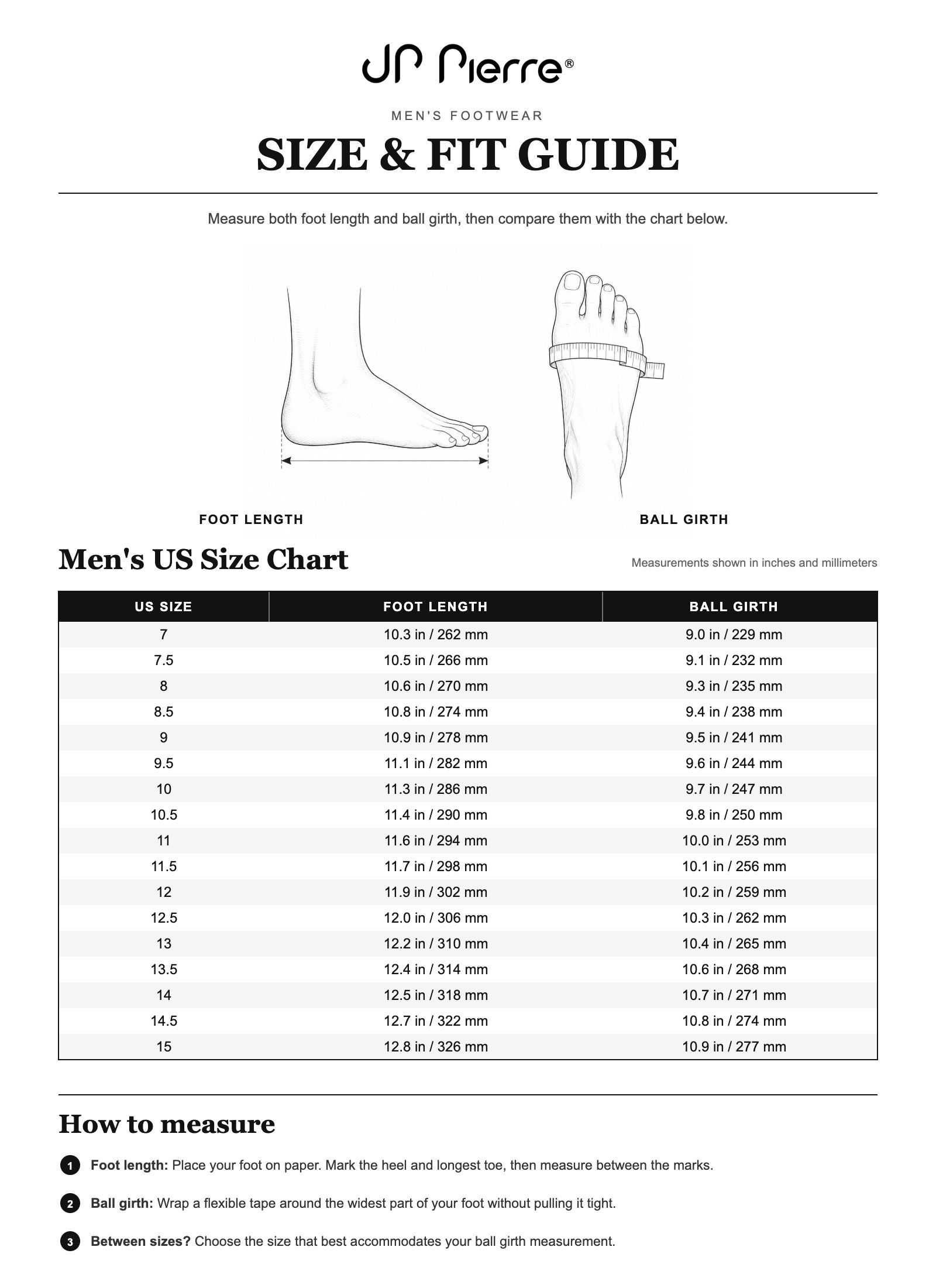 JP Pierre men's US size and fit guide with foot length and ball girth measurements